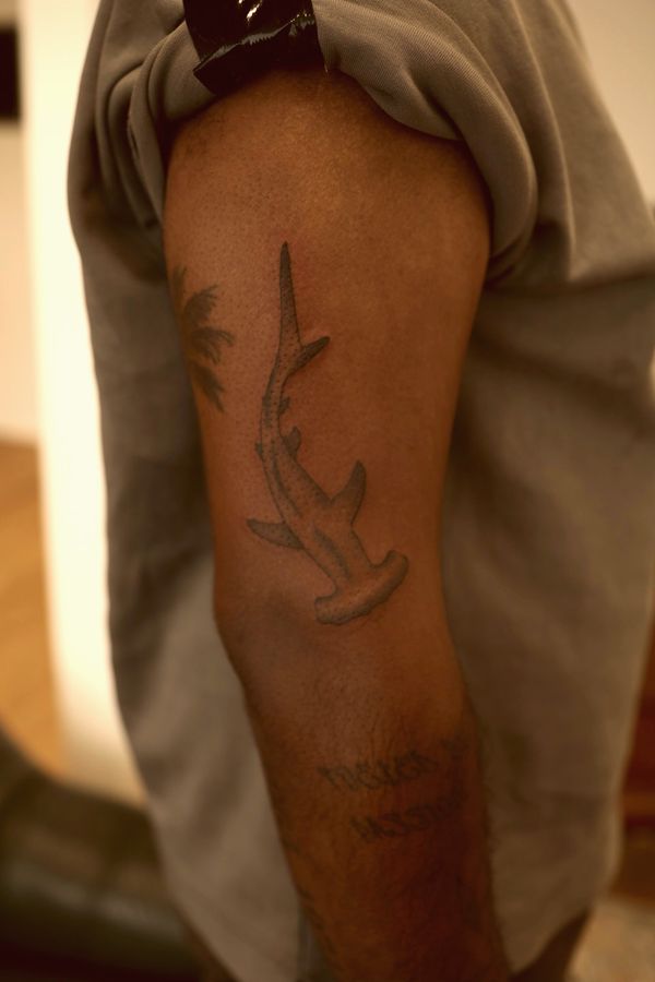 Hammerhai als Black & Grey Tattoo am Oberarm – Robin Jäggi, Weinfelden