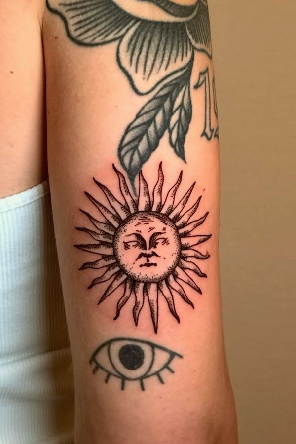 Linework Tattoo mit Sonne und Auge am Arm – Robin Jäggi, Weinfelden